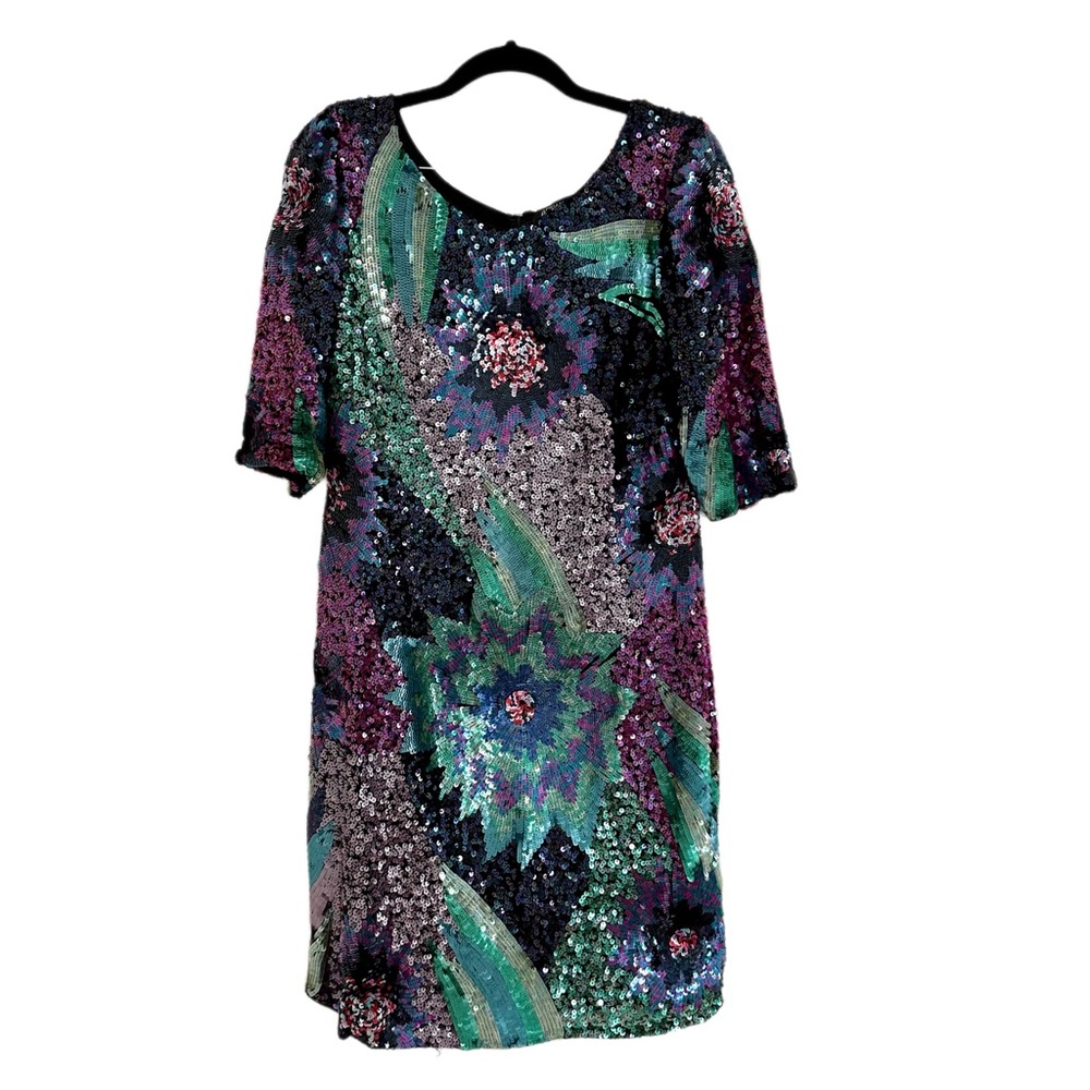Adrianna Papell Black Multi Colored Sequined Beaded Silk Dress- Size 8